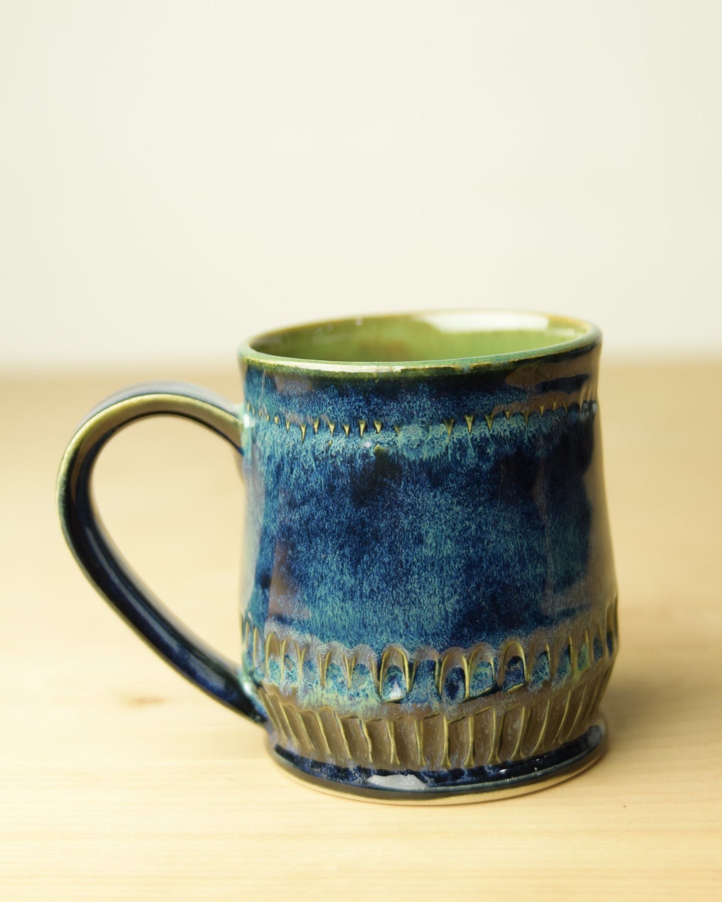 Deep Blue and Green - Wheel Thrown Carved Ceramic Coffee Mug