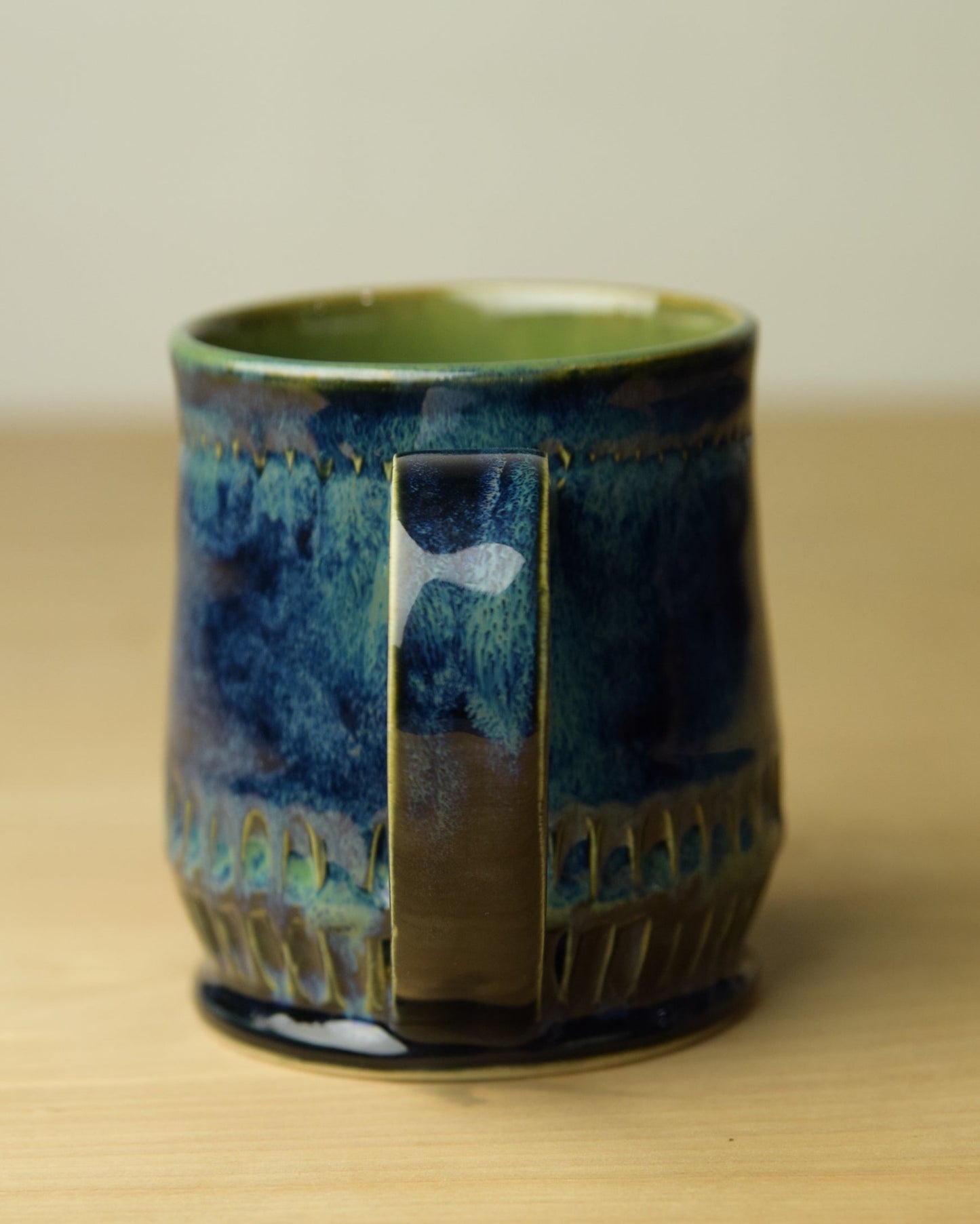 Deep Blue and Green - Wheel Thrown Carved Ceramic Coffee Mug