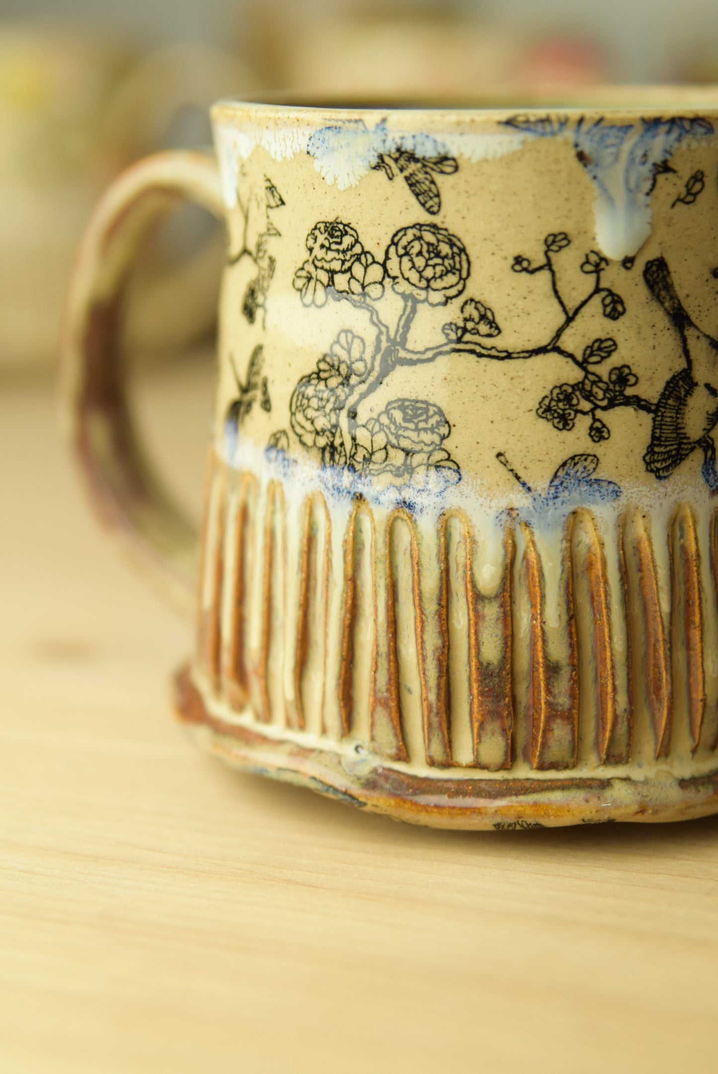 Wheel Thrown Pottery - Cottage Black Floral Bird Dragonfly Mug