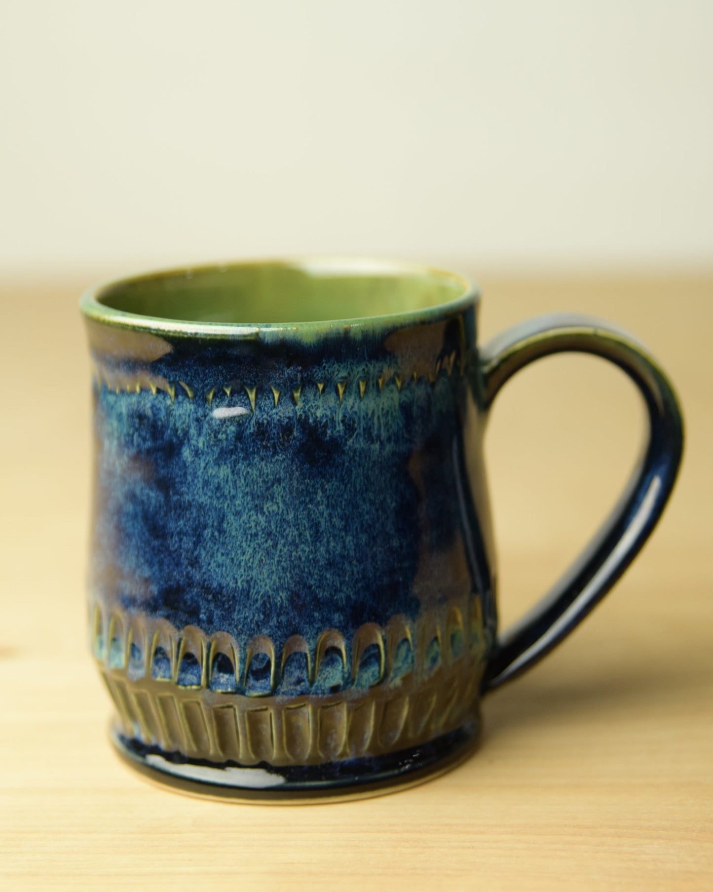 Deep Blue and Green - Wheel Thrown Carved Ceramic Coffee Mug