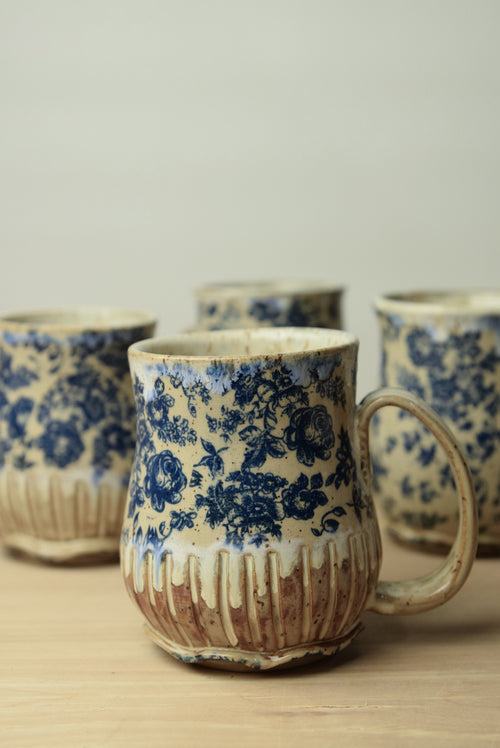 Handmade Blue Floral Cottage Pottery Mug