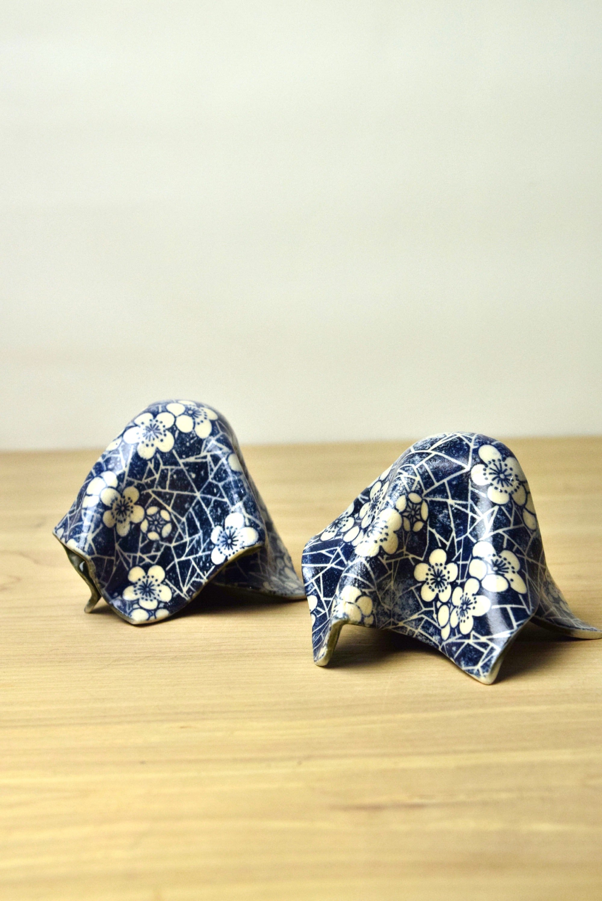 Handmade Ceramic Ghosts with Blue Floral Pattern