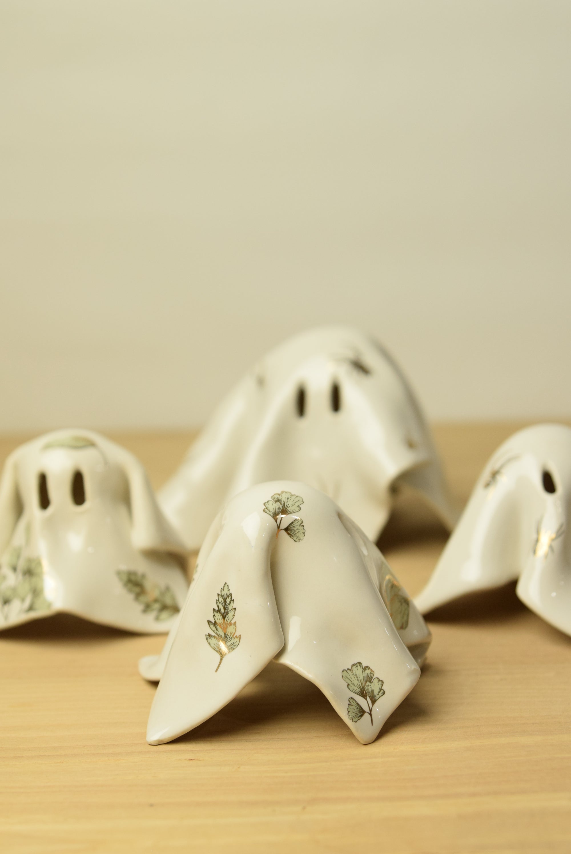 Handmade Ceramic Ghost with 22k Gold Ginko Pattern