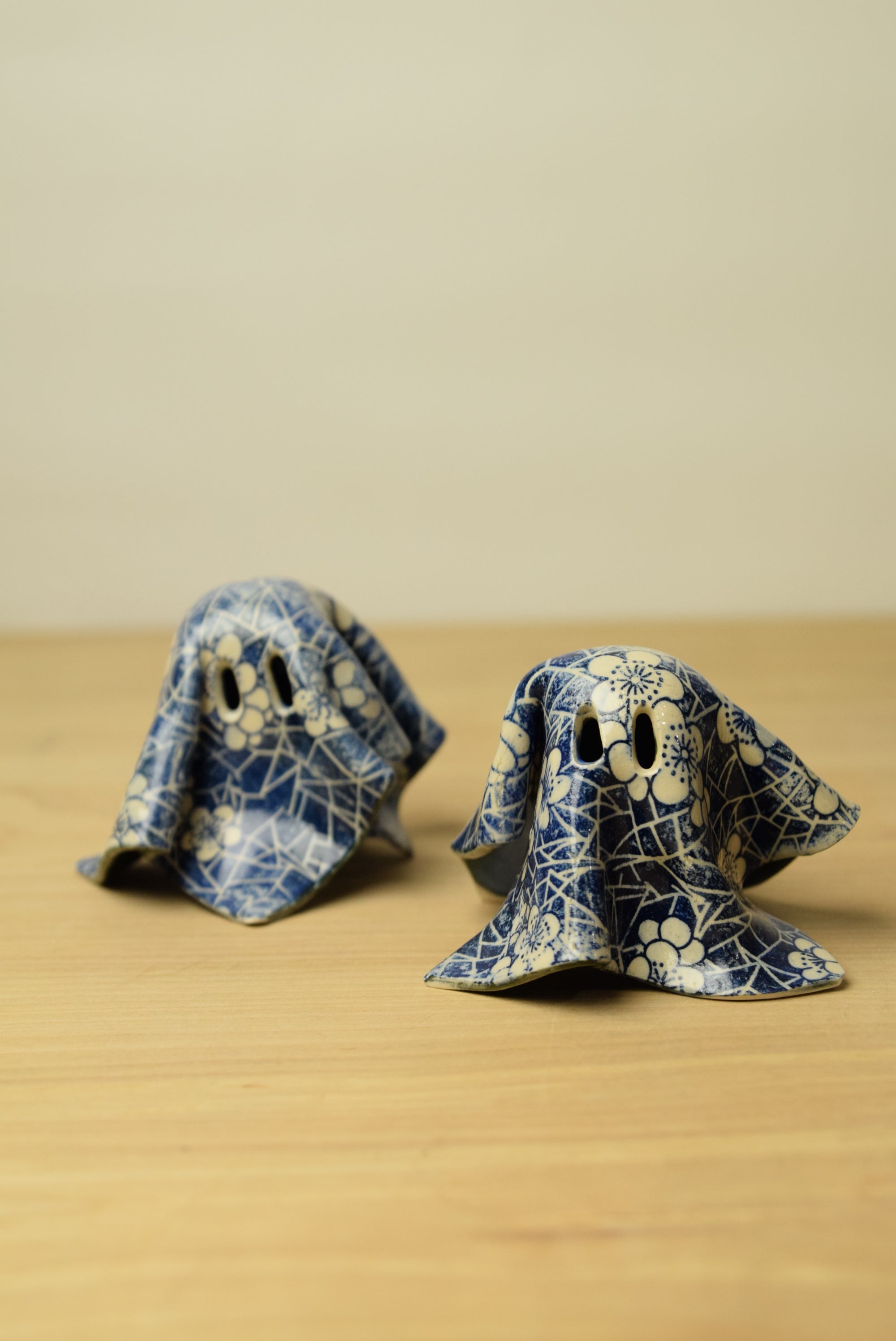 Handmade Ceramic Ghosts with Blue Floral Pattern
