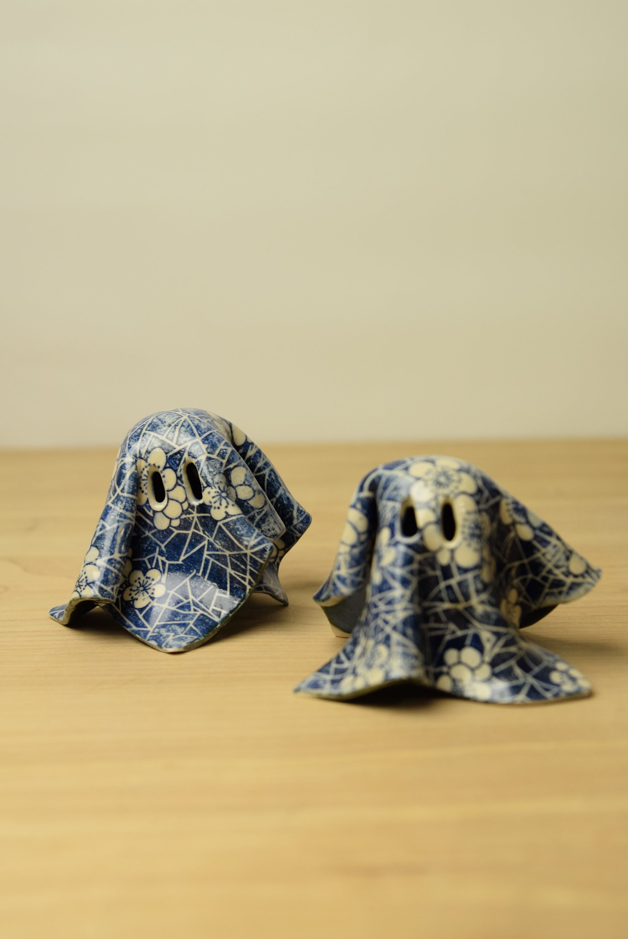Handmade Ceramic Ghosts with Blue Floral Pattern
