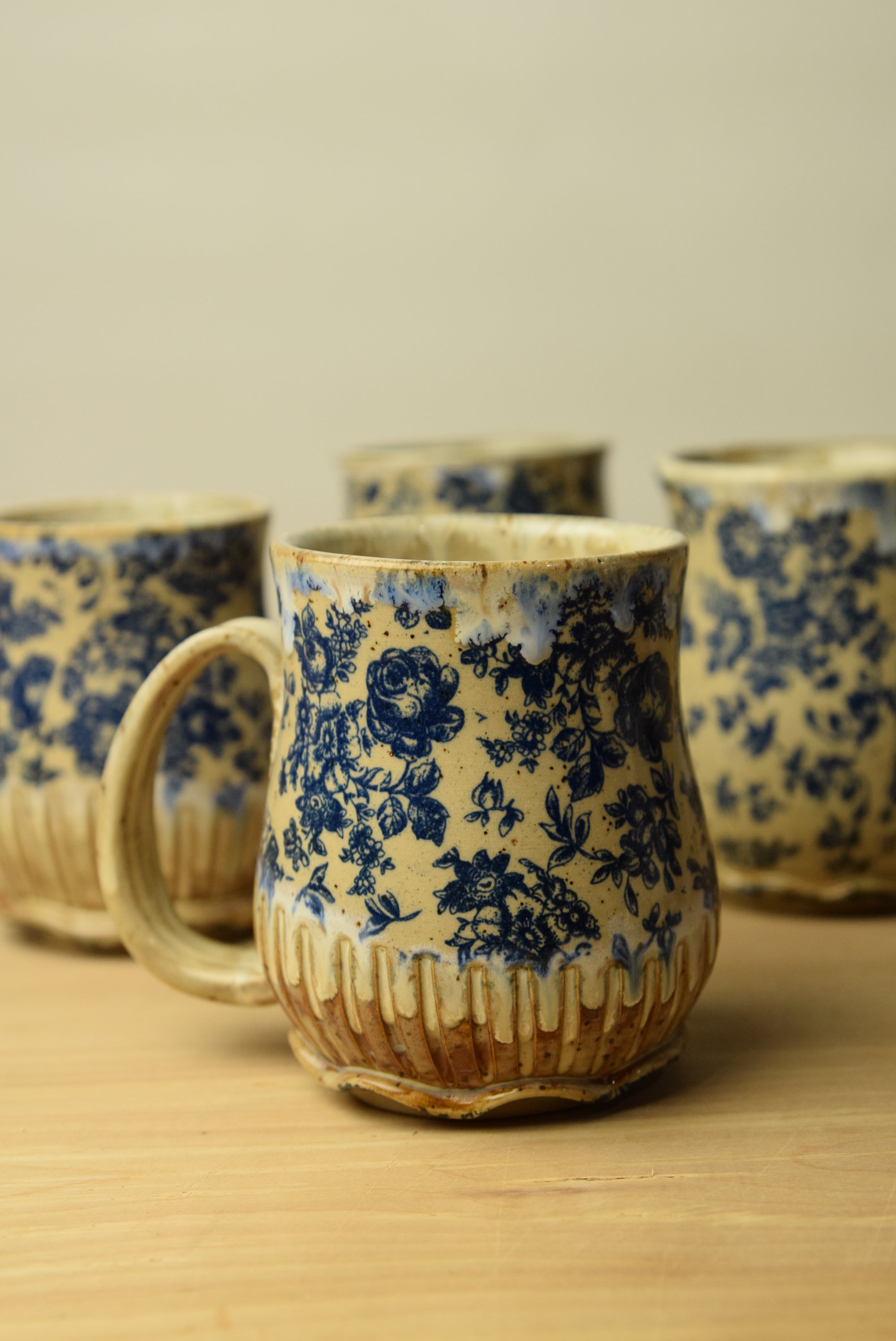 Handmade Blue Floral Cottage Pottery Mug