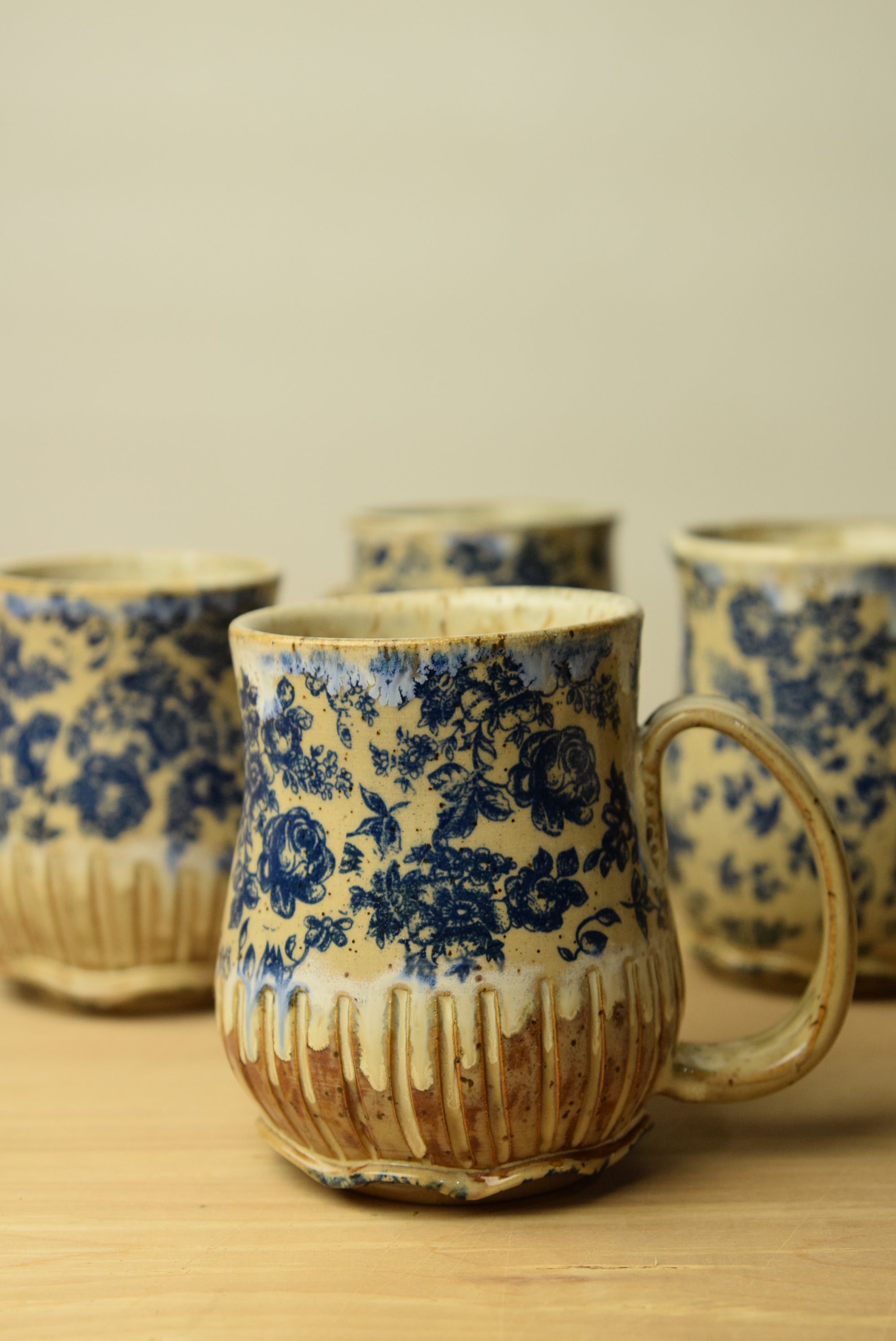 Handmade Blue Floral Cottage Pottery Mug