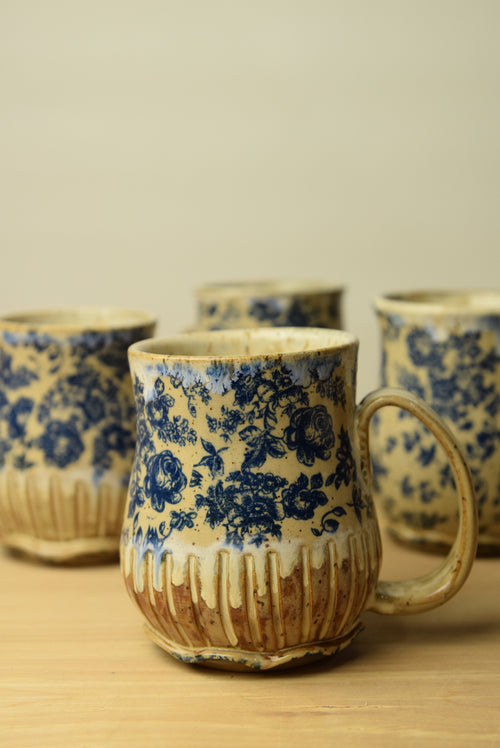 Handmade Blue Floral Cottage Pottery Mug