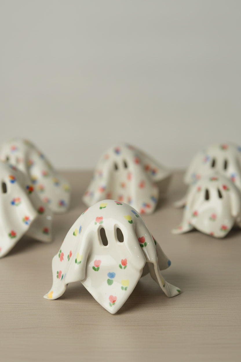 Handmade Ceramic Ghost with Cottage Floral Pattern