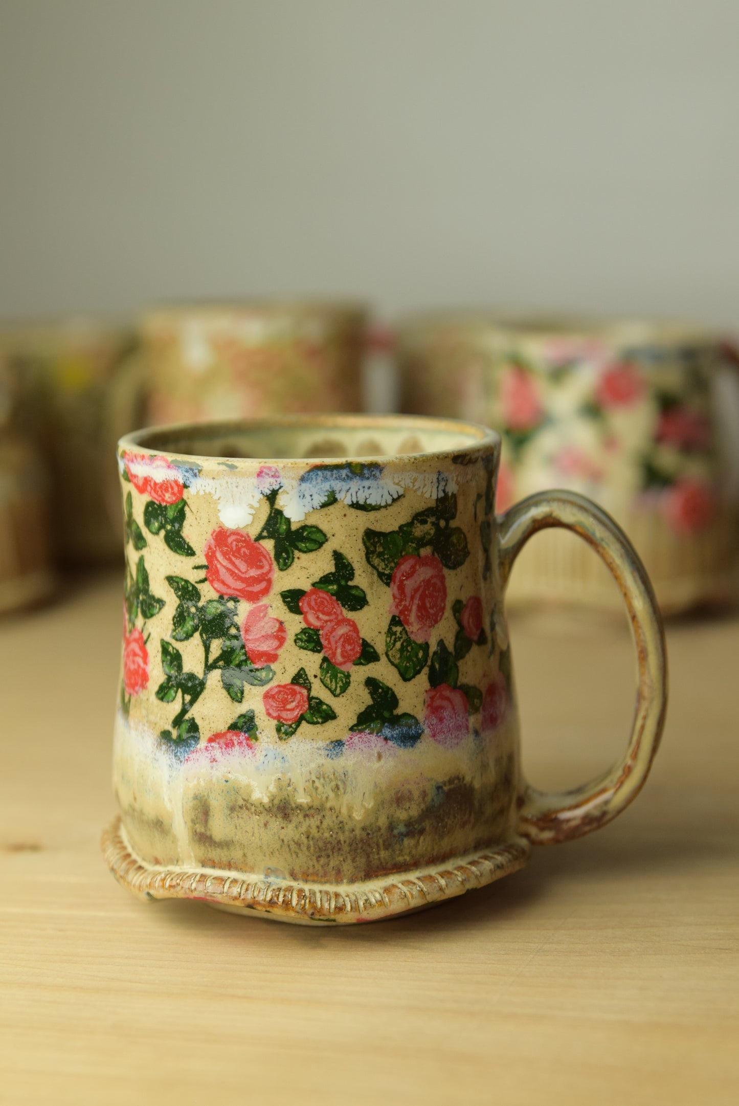 Wheel Thrown Pottery - Cottage Rustic Red Roses Mug