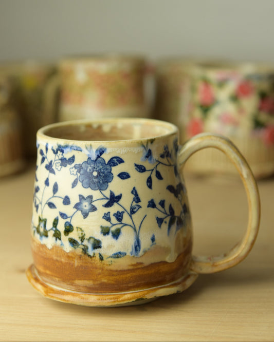 Wheel Thrown Pottery - Cozy Cottage Blue Floral Vine Mug