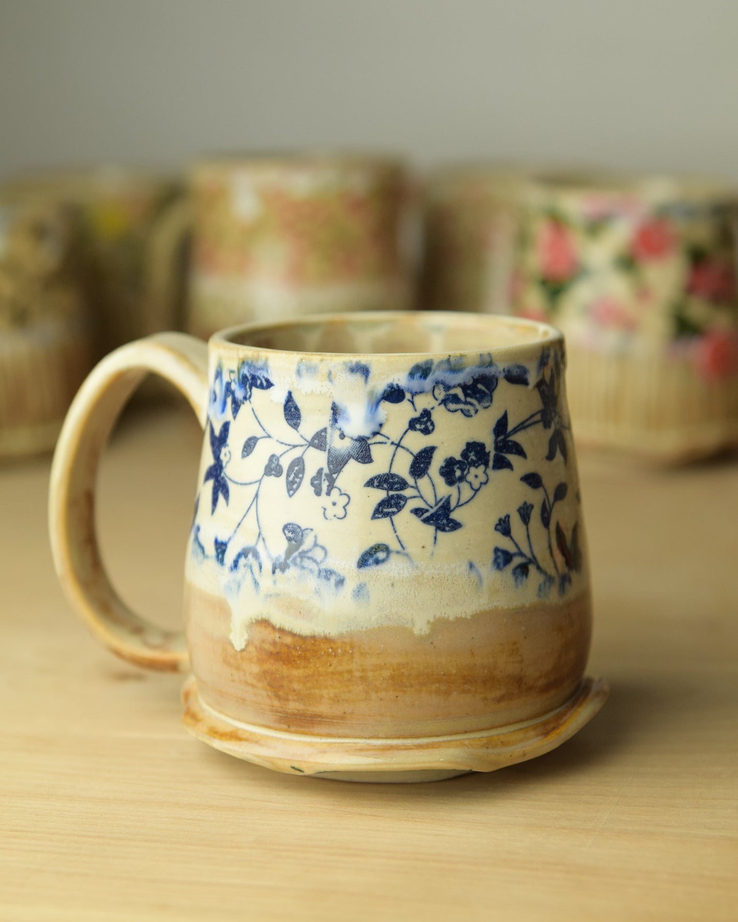Wheel Thrown Pottery - Cozy Cottage Blue Floral Vine Mug
