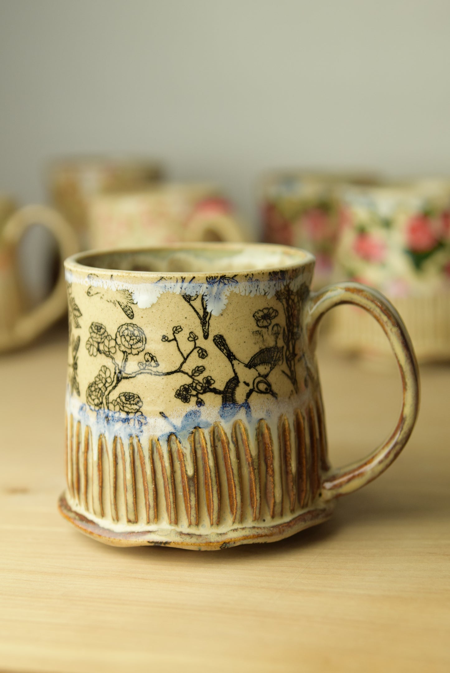 Wheel Thrown Pottery - Cottage Black Floral Bird Dragonfly Mug