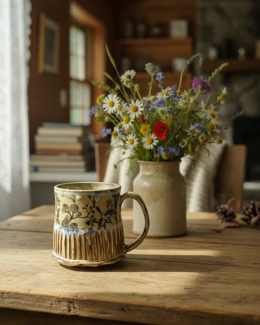 Wheel Thrown Pottery - Cottage Black Floral Bird Dragonfly Mug