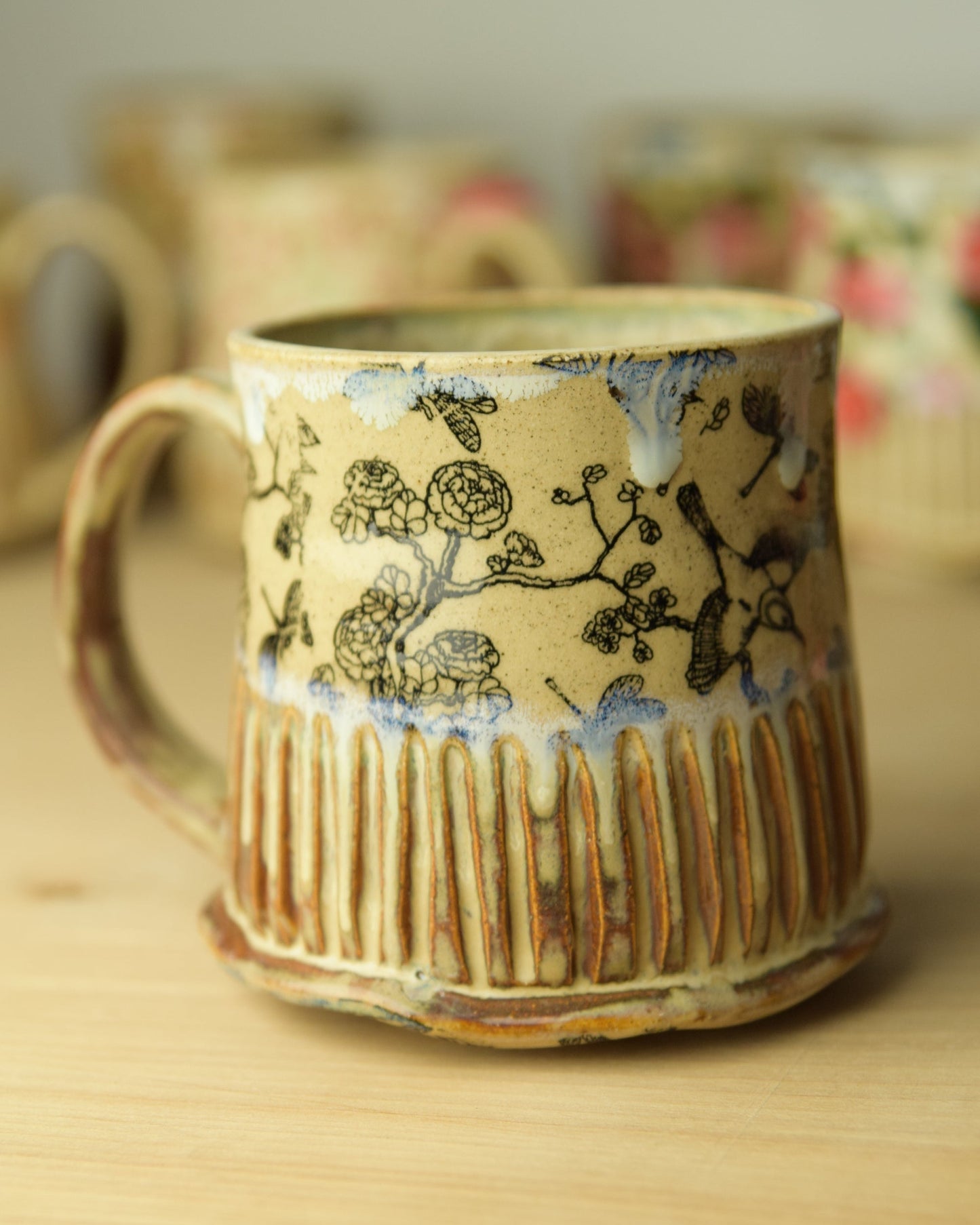 Wheel Thrown Pottery - Cottage Black Floral Bird Dragonfly Mug