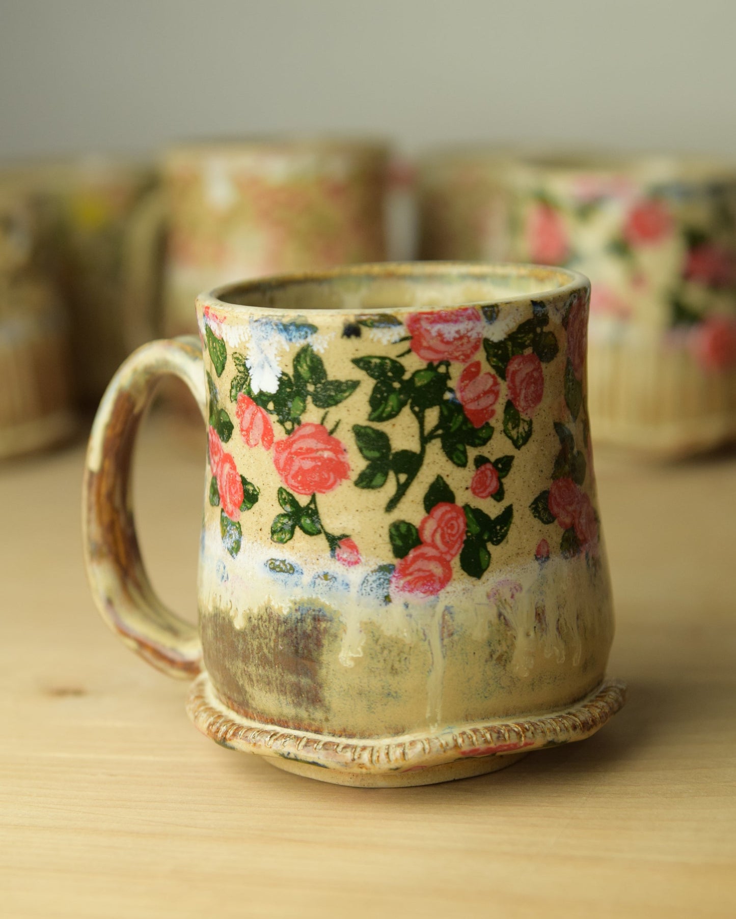 Wheel Thrown Pottery - Cottage Rustic Red Roses Mug