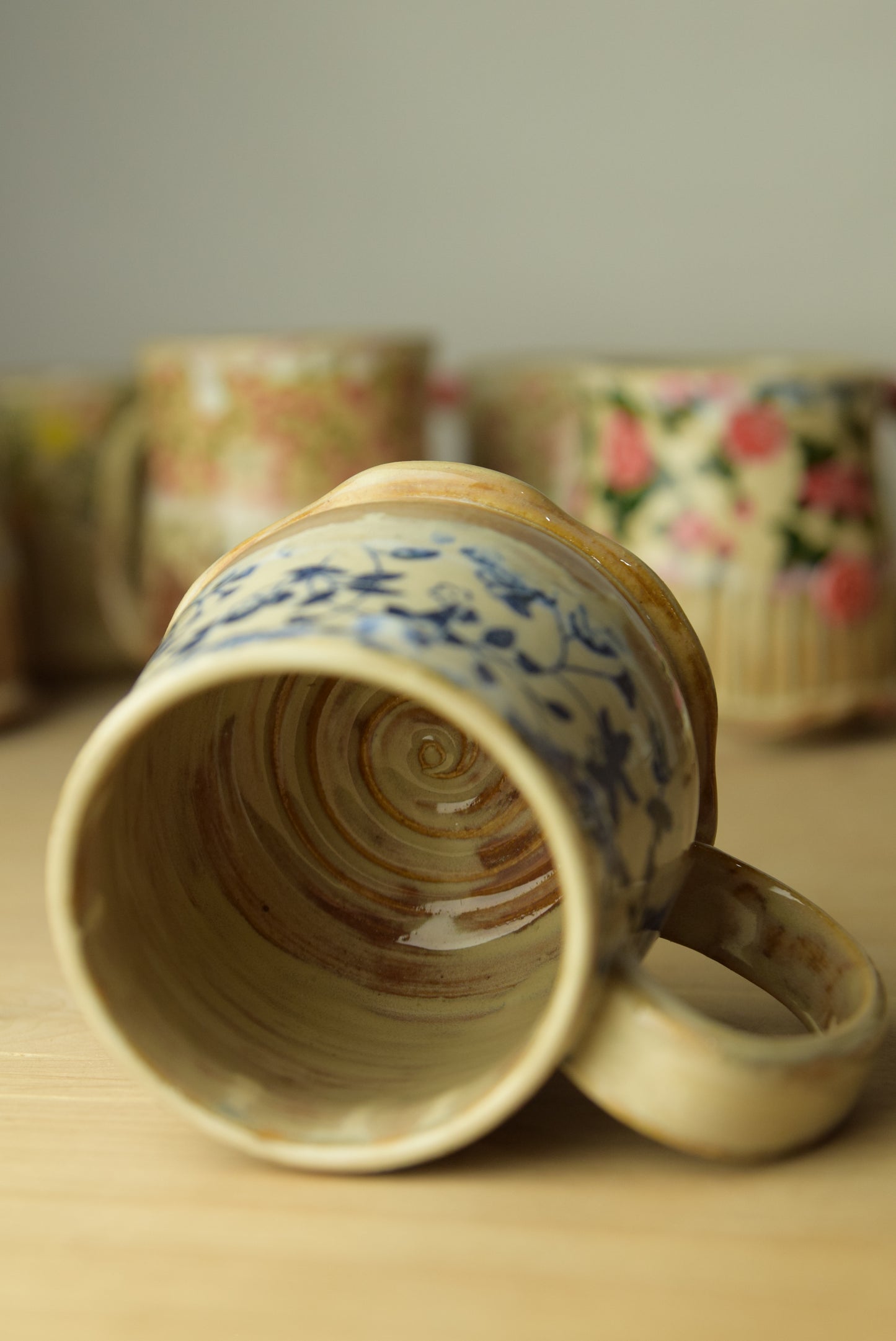 Wheel Thrown Pottery - Cozy Cottage Blue Floral Vine Mug