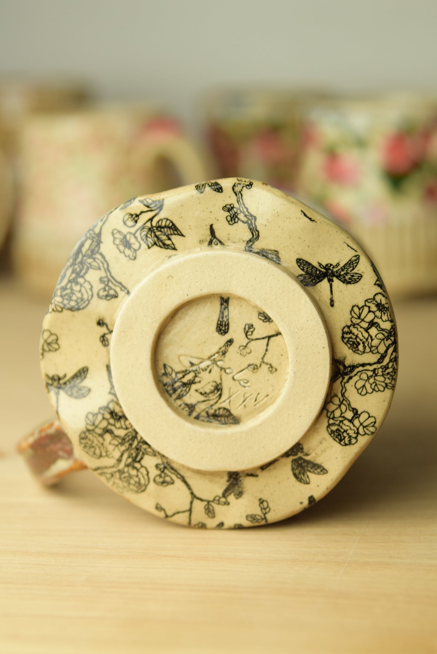 Wheel Thrown Pottery - Cottage Black Floral Bird Dragonfly Mug