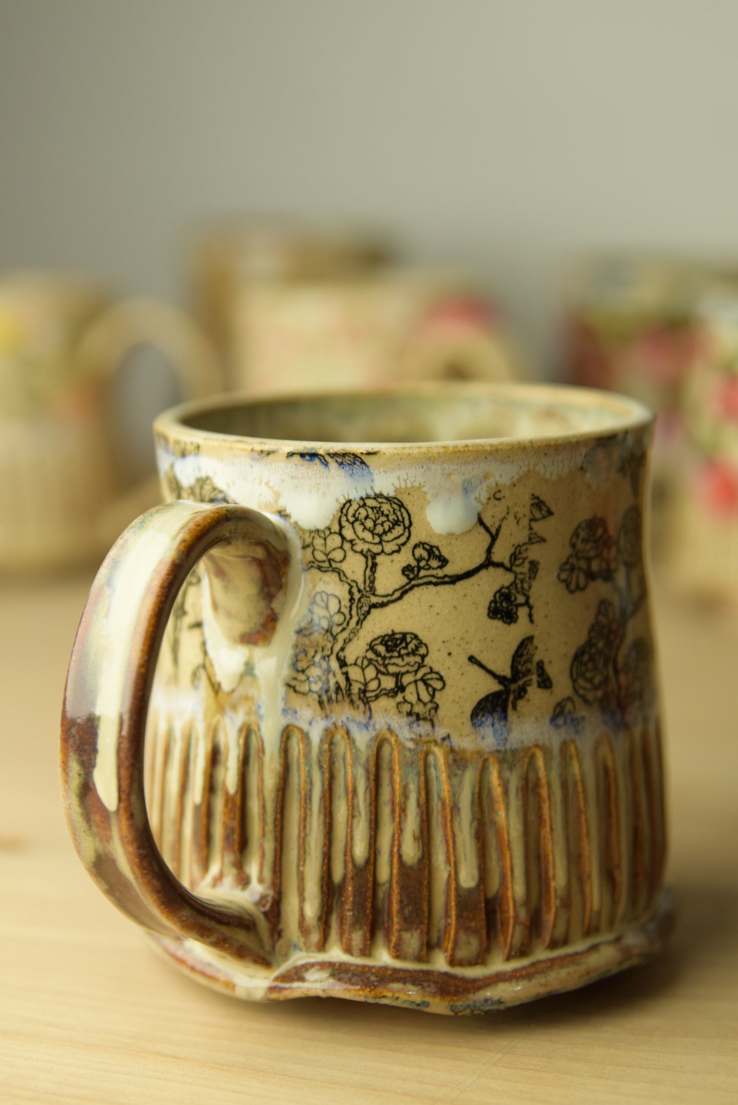Wheel Thrown Pottery - Cottage Black Floral Bird Dragonfly Mug