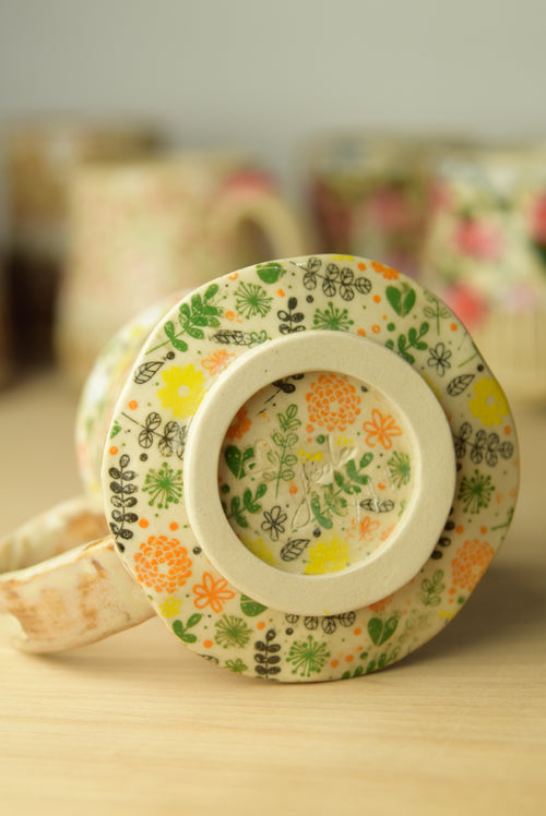 Cottage Core Mug with Yellow Orange Green Florals